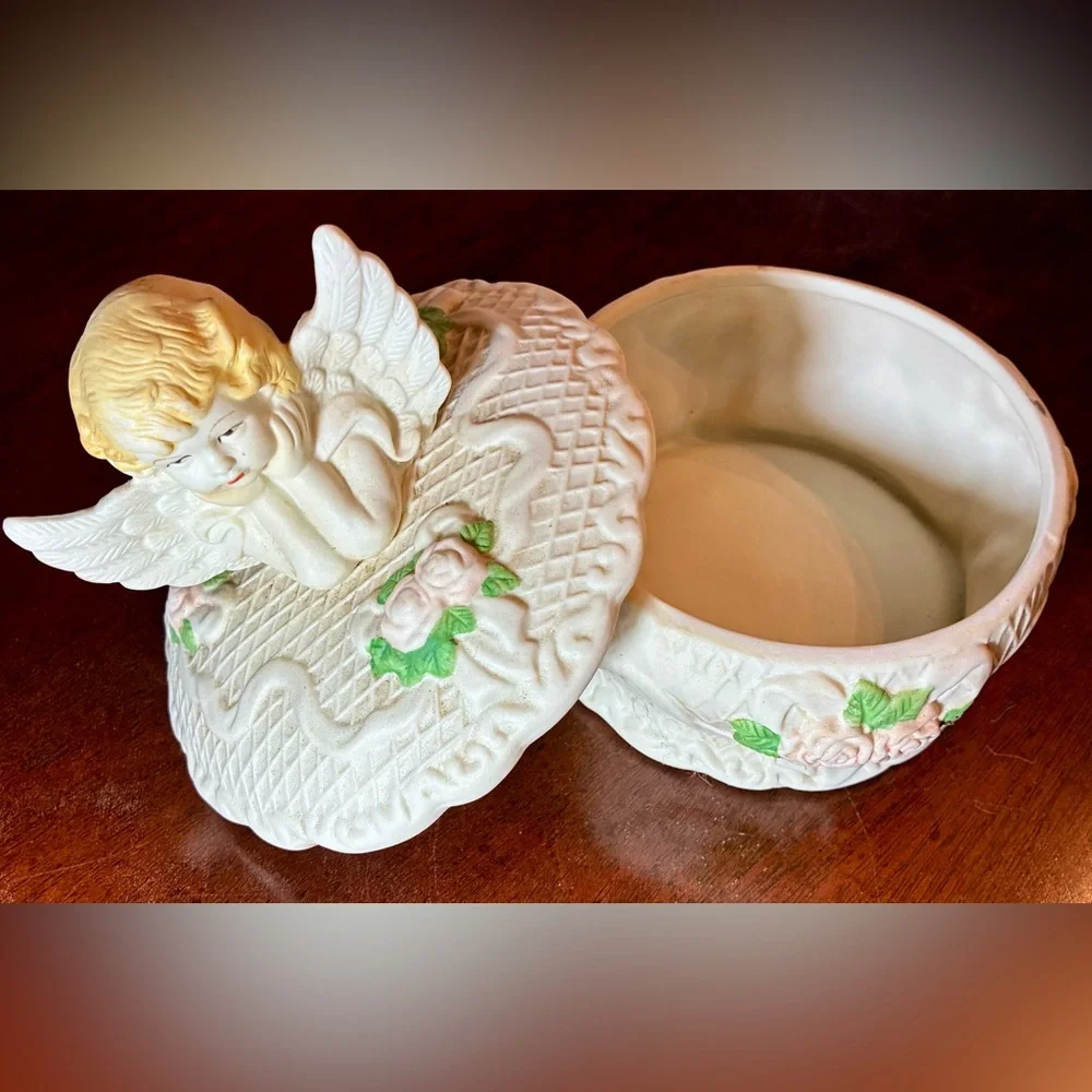 Vintage Cherub Angel Trinket Box | 7” Porcelain Keepsake Jewelry Box